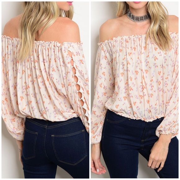 Tops - PEACH off shoulder top with hand detail- Top